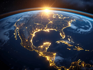 Obraz premium A view of the Earth from space with a bright orange sun in the background. The stars are twinkling and the planet is illuminated by the sun