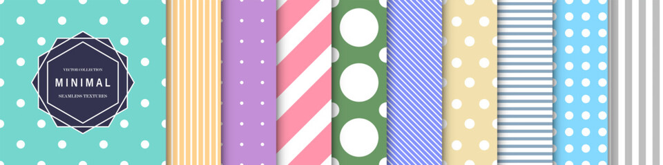 Collection of simple seamless color geometric patterns. Dotted and striped minimalistic cute backgrounds. Beautiful bright textile unusual prints