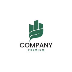 Green city building with leaf logo design illustration idea