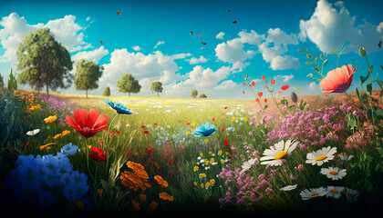 Obraz na płótnie Canvas Colorful flower meadow in spring. Generative AI,