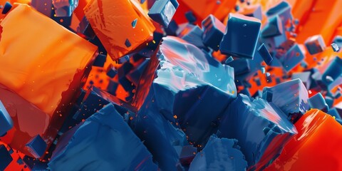 bold cobalt blue fiery orange abstract geometric blocks collision art - obrazy, fototapety, plakaty
