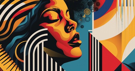 Art Deco influenced poster with bold, dynamic patterns and a vivid, colorful palette