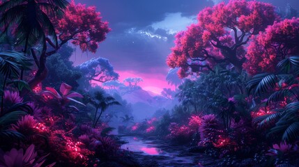 Fototapeta na wymiar Mystical Jungle Scene at Night: Vibrant Foliage Under Pink and Blue Lights