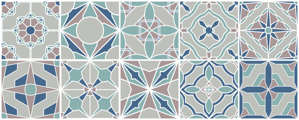 Collection of seamless geometric mosaic patterns - trendy blue tile textures. Decorative color ornamental backgrounds. Vector repeatable prints