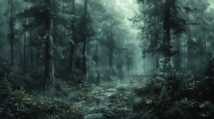 Enchanted nighttime forest with twinkling lights and misty atmosphere