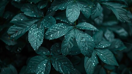 Close-up of rain-kissed foliage, with droplets clinging to the edges of leaves like sparkling jewels.