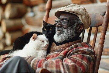 Stunning high resolution photos of a mature multi-ethnic man relaxing in a rocking chair in his arms with a white cat and a black cat on his shoulder. Lifestyle.
