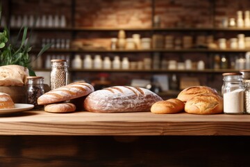 Bakery products, bread on wooden table in supermarket. Template for product display. World Bread Day.