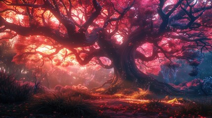 Enchanted forest scene with vibrant pink lights and mystical atmosphere