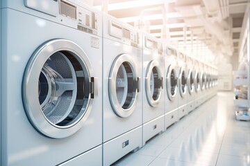 Modern interior of laundry room, many washing machines stand along the wall. Close up. Copy space.