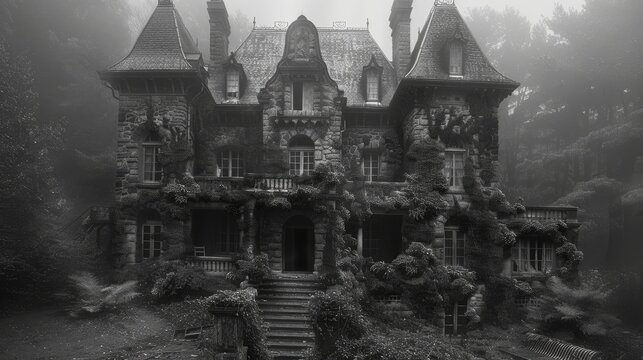 Eerie black and white image of a dilapidated mansion surrounded by dense overgrown vegetation