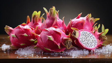 Vivid dragon fruits showcased in a photorealistic composition against a sleek, minimalistic dark background