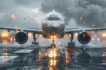 Plane crash airplane on runway catastrophe burning wrecks engine fire failure explosion fuel danger...