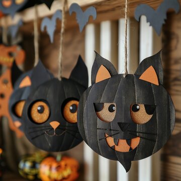 Unos adornos de halloween en forma de gatos, colgando de las ventanas