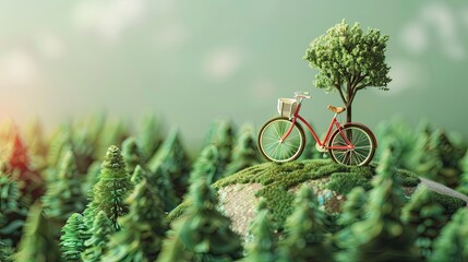 bicycle stands on top of the planet with green trees. world bike day