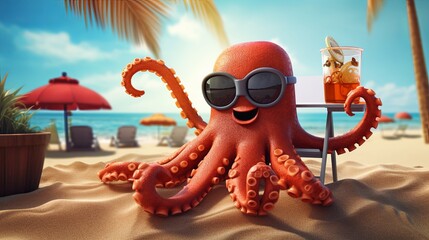 cartoon octopus on a sunbed on the beach drinks a cocktail - obrazy, fototapety, plakaty