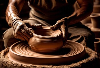 illustration, hands shaping clay pottery wheel creating ceramic vessel art craft process, sculpting, molding, creation, artist, throwing, handcraft,