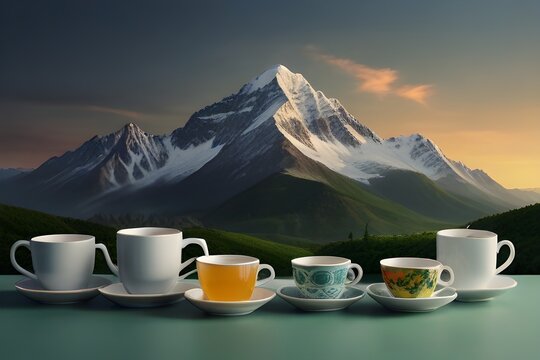 verities of cups on mountain with snow