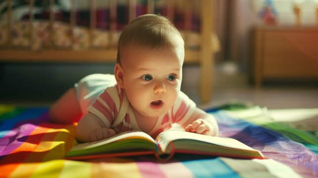Curious baby exploring a colorful picture book, their fascination with the world around them evident in their expression.