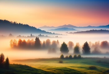 Obraz premium illustration, enchanting misty landscape capturing scenic views foggy conditions, nature, weather, outdoors, tranquil, atmospheric, ethereal, serene