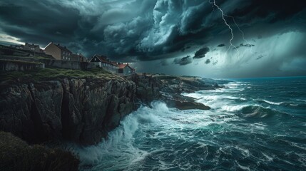 Dark storm clouds looming over a coastal town as waves crash against rocky cliffs, illustrating the power and fury of a looming storm.