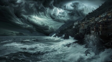 Dark storm clouds looming over a coastal town as waves crash against rocky cliffs, illustrating the power and fury of a looming storm. - obrazy, fototapety, plakaty