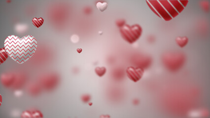 3D White and red hearts with a pattern on a soft pink background fly up. Valentine's Day, blurry for a wedding. Lovers, Romantic love vignette. Abstract  background with heart. 8k wallpaper. 