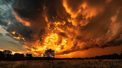 Dramatic clouds illuminated by the setting sun as a thunderstorm approaches, casting an eerie orange glow over the landscape.