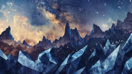 A canvas filled with jagged, abstract shapes, suggesting the rugged beauty of a mountain range under a starry sky