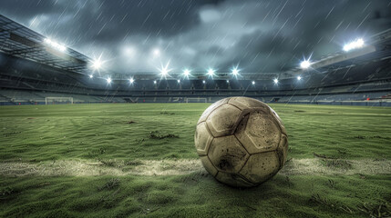 Worn Soccer Ball on Rainy Field with Stadium Lights in Background