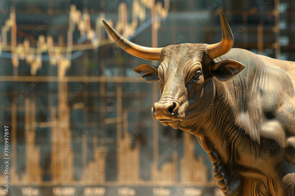 Poster a bull with horns is standing in front of a graph