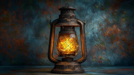 Vintage lantern glowing warmly against a textured blue background - obrazy, fototapety, plakaty