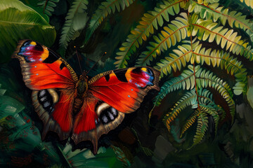 A red butterfly is sitting on a green leaf