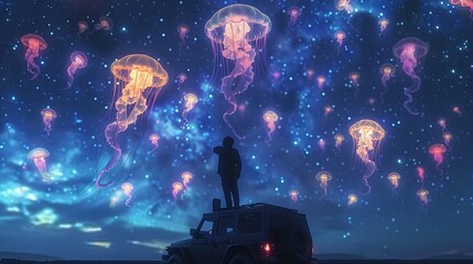 A silhouette of jellyfish floating in the sky above an armored vehicle A starry night sky with galaxy and milky way Colorful glow - obrazy, fototapety, plakaty