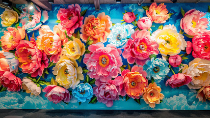 A fitness room energized by a wall of vibrant 3D peony wallpaper The colorful, dynamic backdrop motivates and invigorates the space, enhancing workout sessions