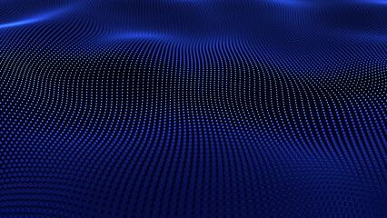Abstract Soft Blur point waves oscillation. Abstract glowing digital cyber wave made of particles and dots moves on a blue background. Blue glowe digital waves with light reflections dark blue