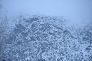 Fototapeta premium Misty mountain slope with fresh snowfall