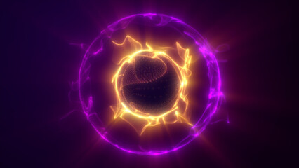 Burning sphere on a black background. Gas clot, energy ball. Ultraviolet, yellow hot core. Pink purple planet circle. Emitting bright toxic light. Nano ball front view