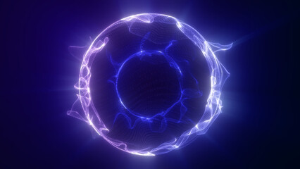 Blue neon sphere emits energy on black. Atom section, purple-blue-white light; smooth rays circle. Science background, phosphorus element. Nano ball.