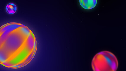 Multicolored magical bright colored modern spheres rotate on a black and blue gradient. Four stylish disco balls, blue, red, purple.