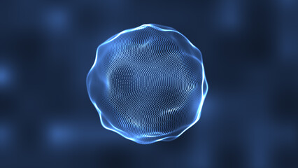 Light glowing synthetic liquid curved ball of dots on a blurred smoky background. Glass, transparent, water ball, blue wavy sphere.  isolated on black background.