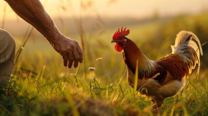 Farmer releasing a rooster into a lush green field, symbolizing freedom and natural habitat. - obrazy, fototapety, plakaty