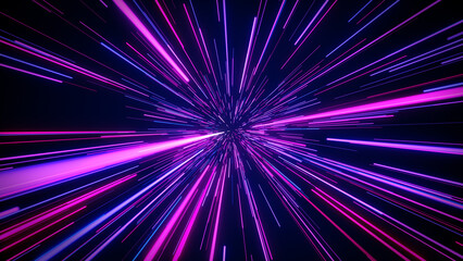  Multi-colored, rainbow splash of glowing synthetic lines. Abstract data flow tunnel radial lines explosion stars. 3d futuristic background, hyperspace zoom. Neon. Time 