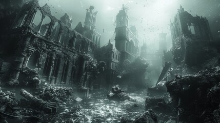 Mysterious sunken city beneath the ocean illuminated by ethereal light - obrazy, fototapety, plakaty