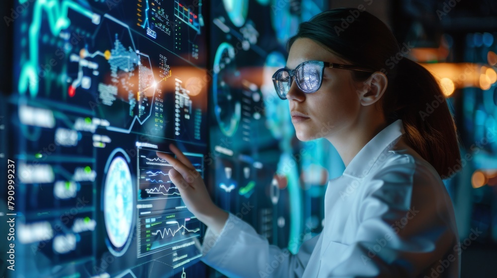 Leinwandbilder Female engineer analyzing data charts and graphs while overseeing production operations.