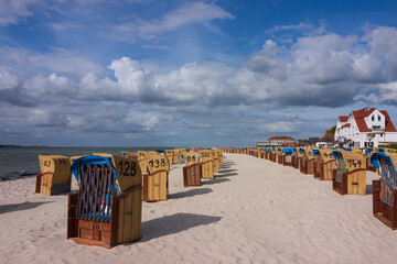 Popular coastal town Laboe wih sandy beach by the Baltic Sea.