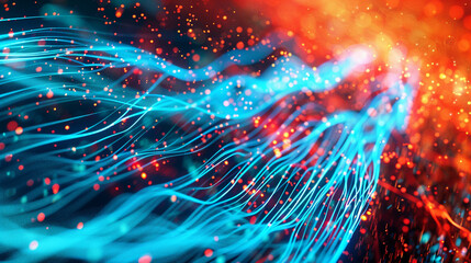 A vibrant display of bright blue lines and dots cascades over a background of fiery red, capturing the dynamic energy of digital information flow. 