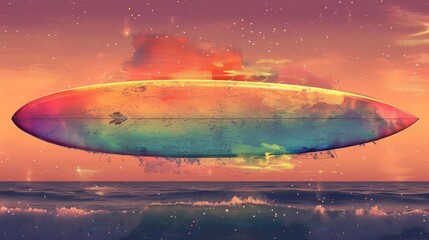 Colorful surfboard on beach at sunset with vibrant pink and orange sky - obrazy, fototapety, plakaty