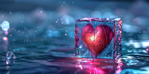 Numbness: The Ice Block and Frozen Heart - Visualize an ice block with a frozen heart inside, illustrating emotional numbness and detachment - obrazy, fototapety, plakaty