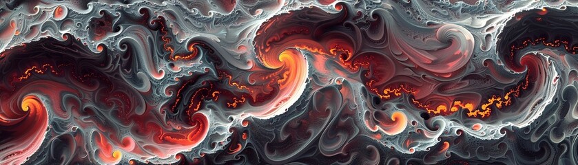 abstract surreal vector art of the earths surface with waves, in dark grey and red colors, with orange accents